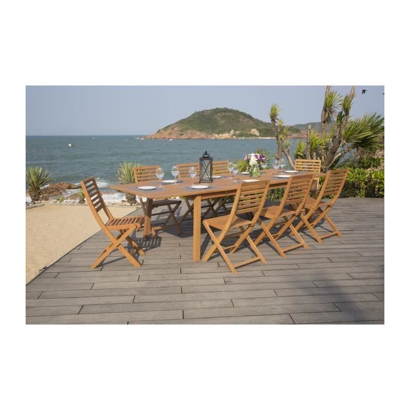 Ensemble repas de jardin 8 a 12 personnes - Table extensible 200/250/300 x 100cm + 6 chaises - Bois Eucalyptus FSC - 2