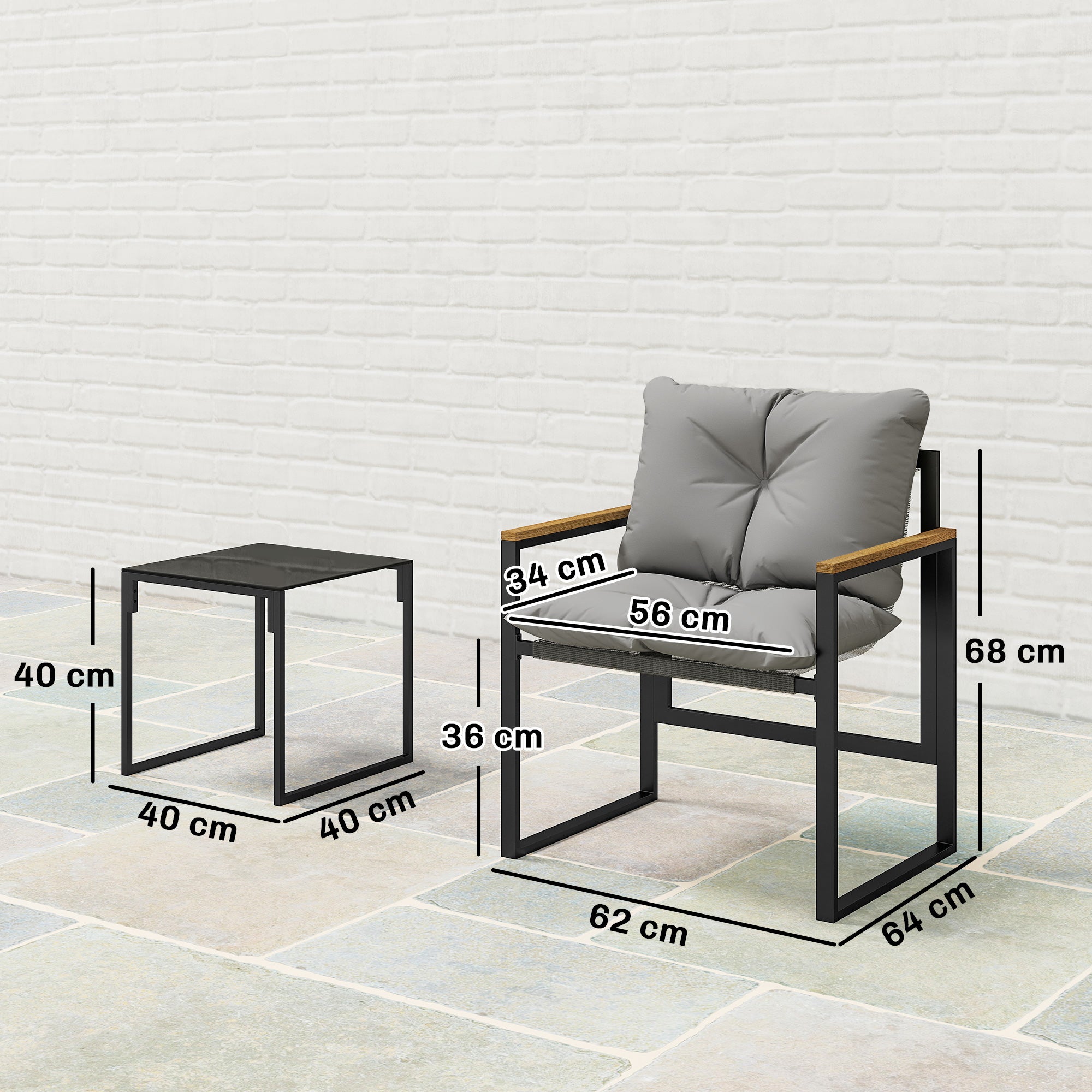 Ensemble table et chaises de jardin en métal pour 3 personnes avec coussins épais, multicolore - 5
