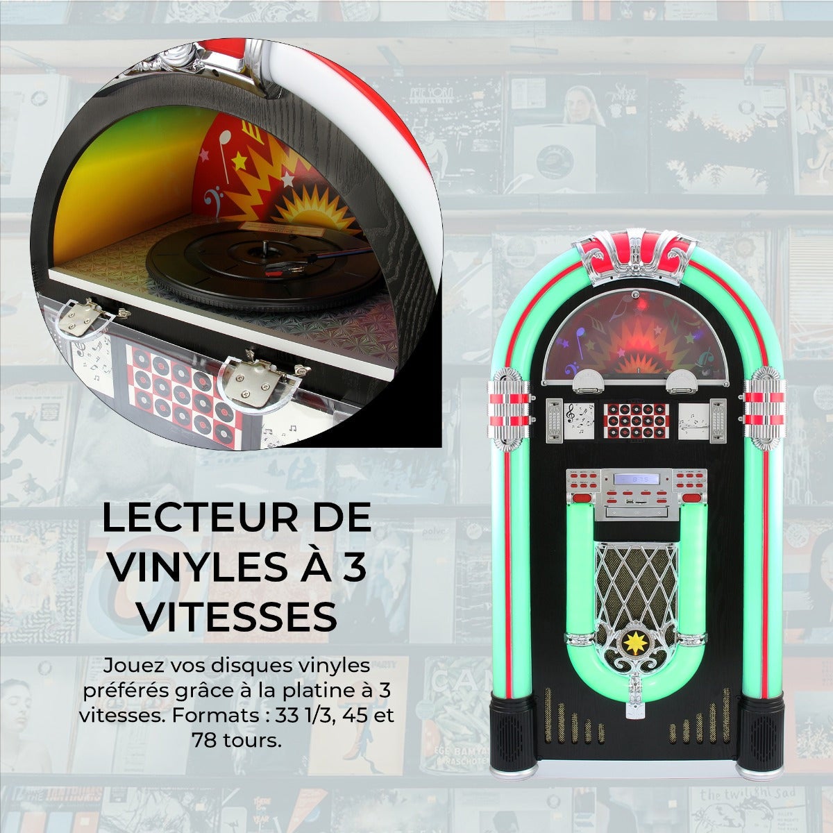 MonsterShop - Jukebox Anni '50 con Vinile, CD, USB, Bluetooth, SD/MMC Memory Card, Radio FM e AUX 128cm x 64cm x 38cm - 9
