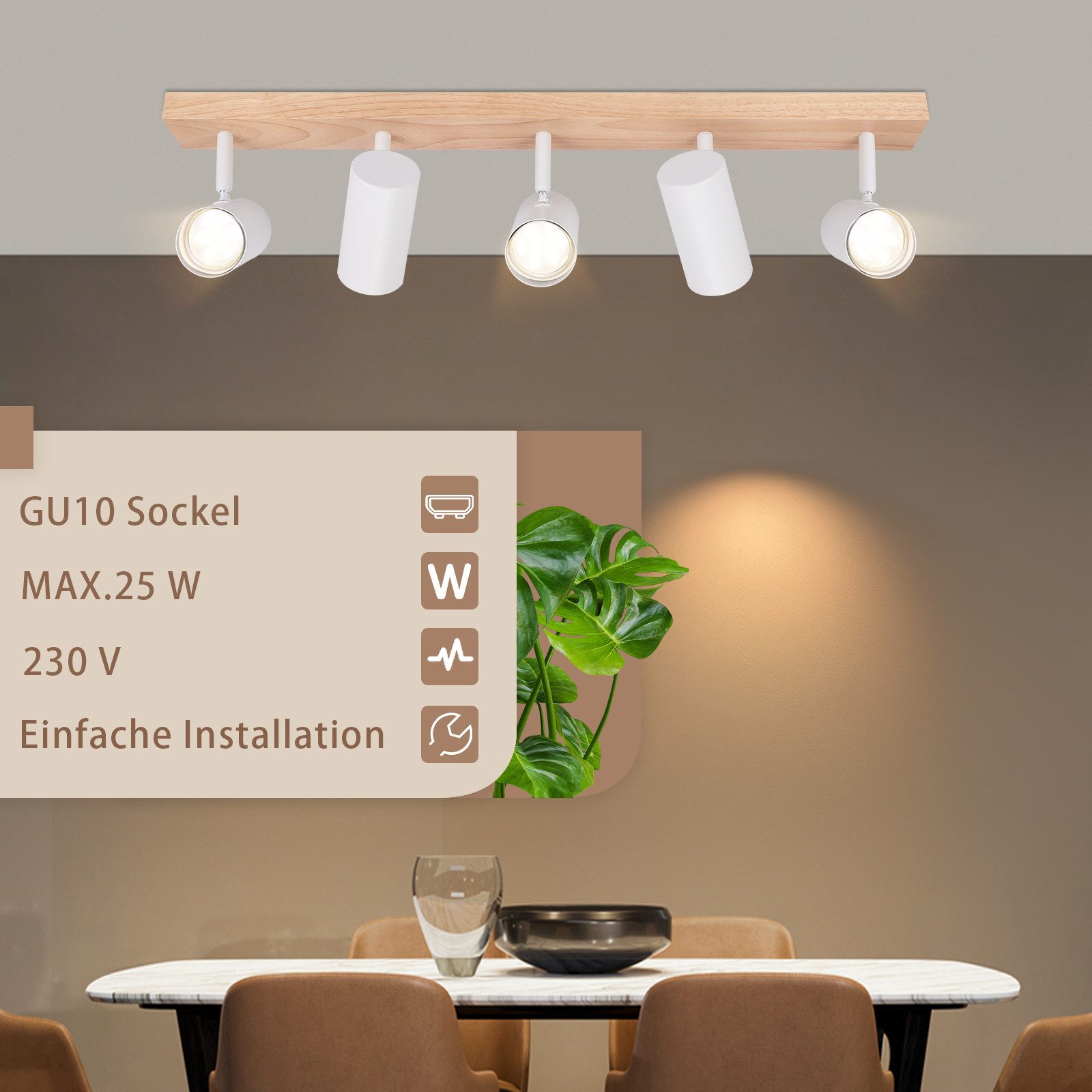 NETTLIFE Foco de techo 5 llamas madera Blanco vintage GU10 orientable 350° - 6
