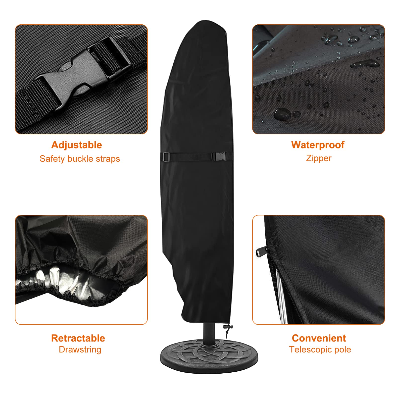 Housse de parasol d'extérieur, imperméable 420D Oxford, avec poteau de support et sac de rangement, protection UV (265 x 40/70/50 cm) - 2