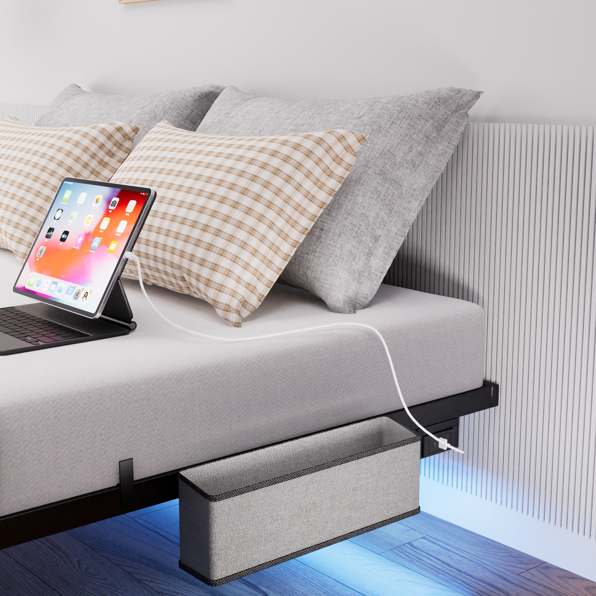 Cama flutuante em metal 160 x 200 cm com iluminação LED, estrado de ripas metálico, iluminado, preto - 7