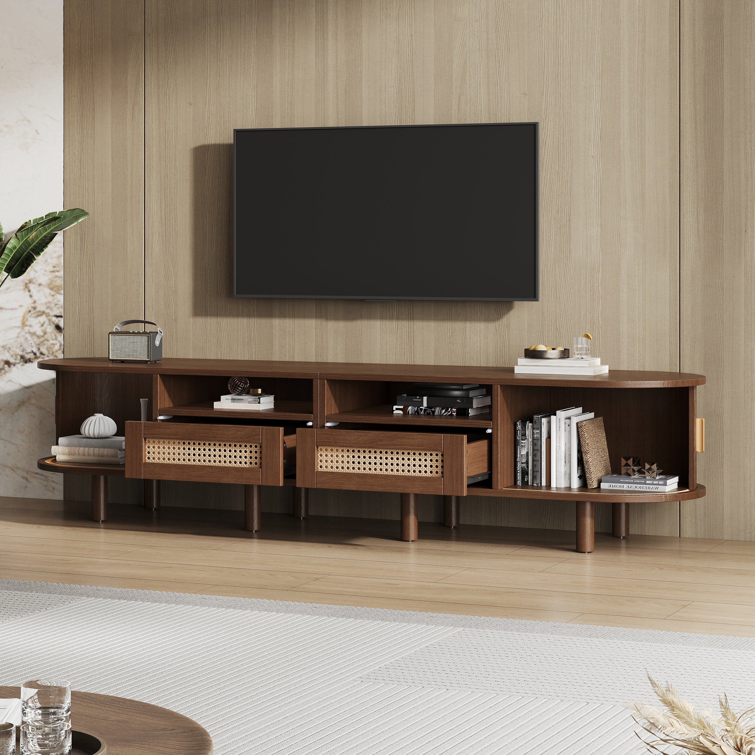 Stolik pod TV 170x40x40cm - z 2 szufladami rattanowymi - 2 drzwiami przesuwnymi - MDF - brązowy - 5