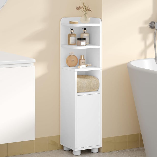 Mueble de Baño, Armario de Baño Estrecho, Diseño de Doble Zona Abierta y Cerrada, Estantes Ajustables, 20 x 20 x 90,5 cm, Blanco