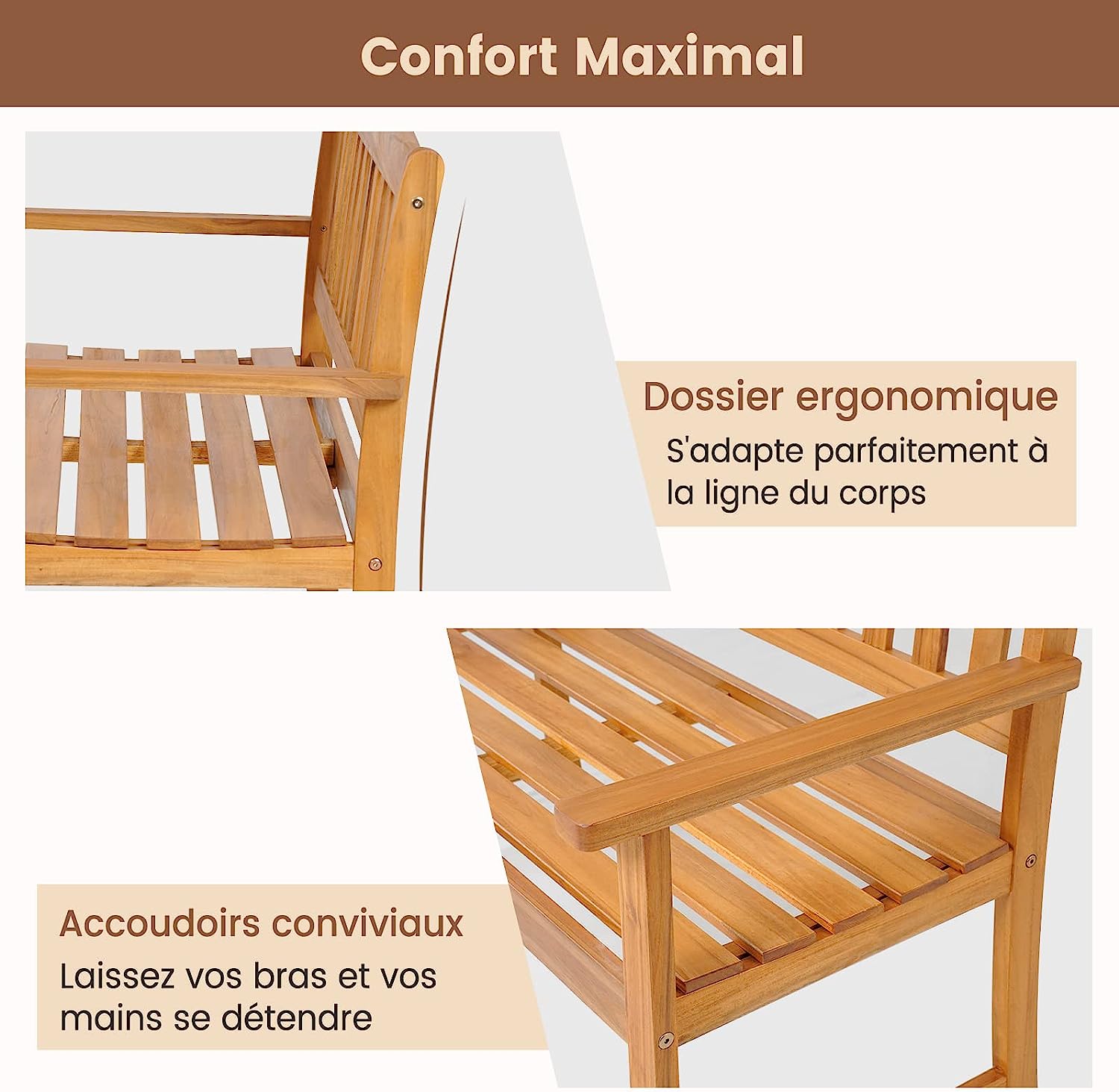Banc de Jardin en Bois en Acacia pour 2 Personnes, Banquette à Lattes Charge 360KG, pour Patio Cour Balcon, 110 x 56,5 x 86 cm - 3
