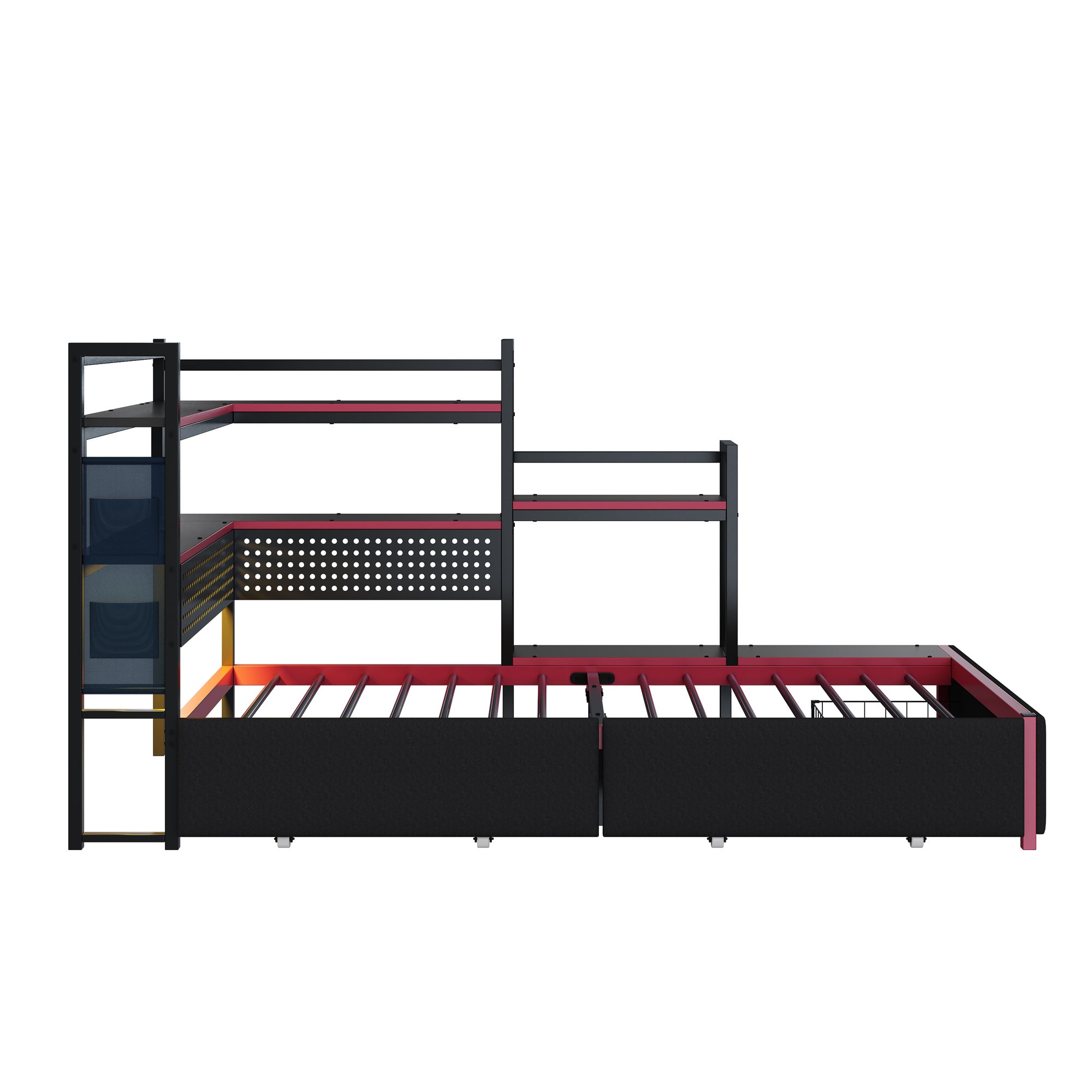 Łóżko 90 x 200 cm z 3 szufladami i półkami - Oświetlenie LED i porty USB - Metalowe - Czarne (Materac nie jest w zestawie) - 8