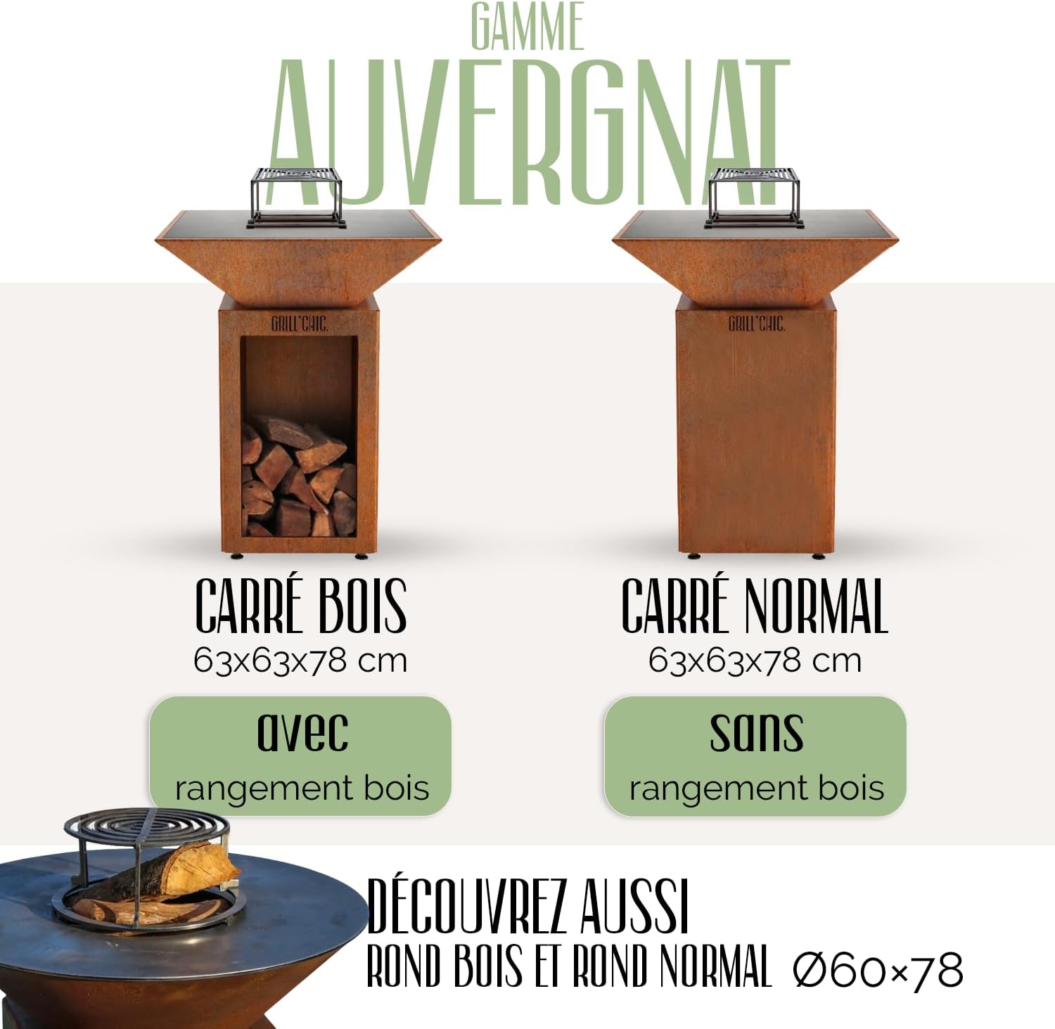 GRILL'CHIC - Pack Privilège Brasero Auvergnat Corten Bois Carré - Simple Cuve - Avec Bâche + Grille + Stop Food Inclus - 6