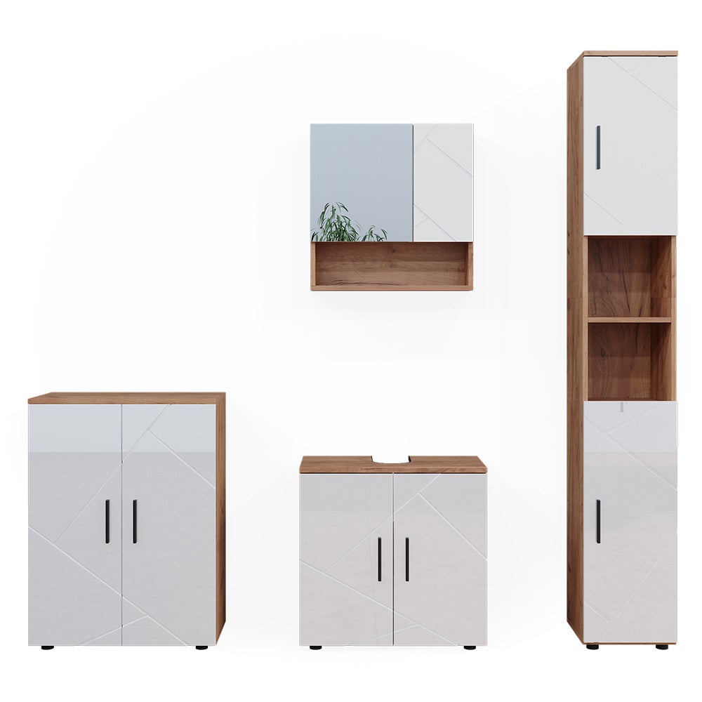 Vicco Zestaw mebli łazienkowych Irma, Biały wysoki połysk/złoty dąb power, 4 części, z wysoką szafką i komodą