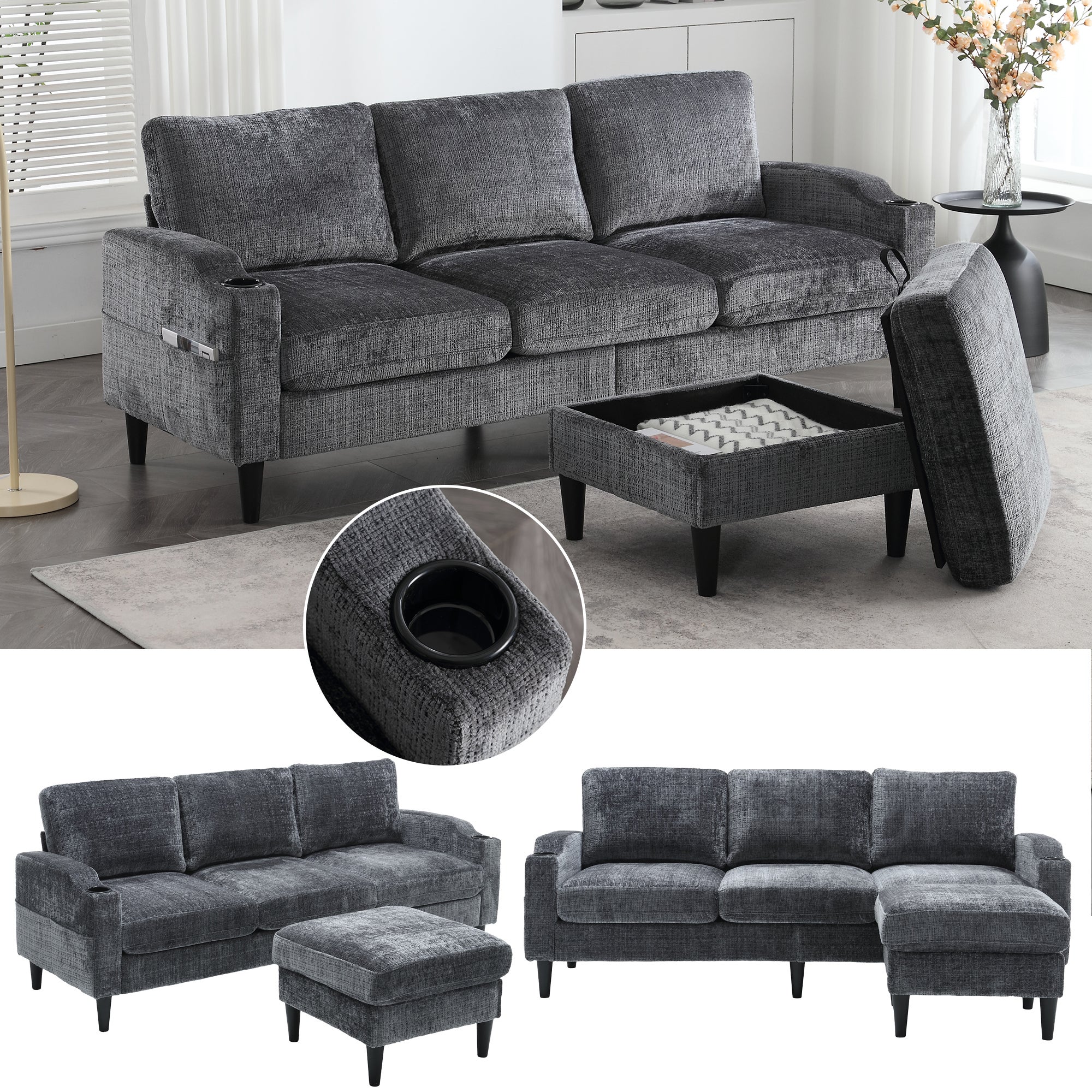 Sofa 4-osobowa z podnóżkiem, schowkiem i uchwytem na kubek - 196,5 x 75 x 77 cm - Aksamit - Szary