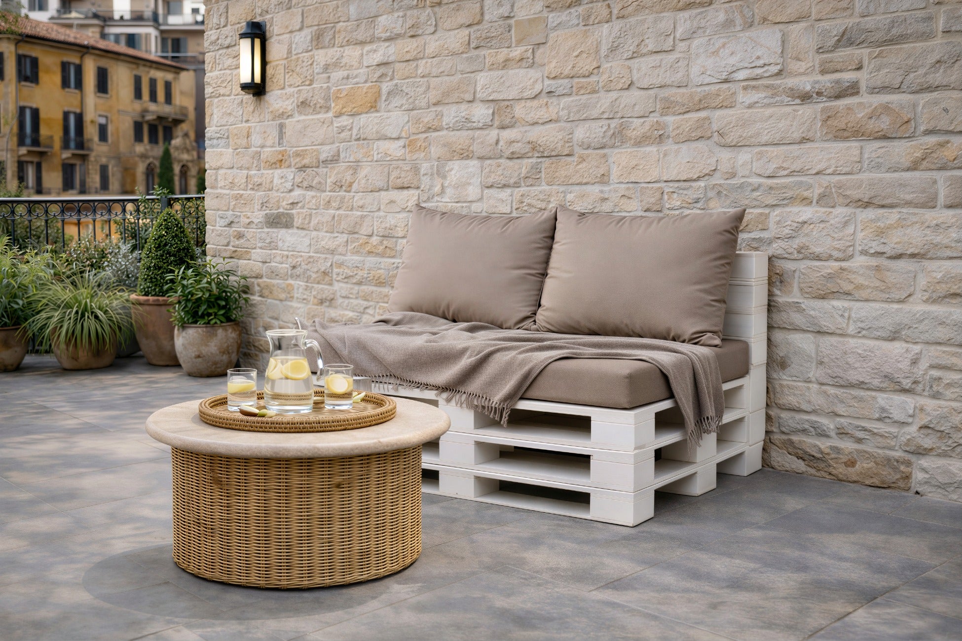 Conjunto de almofadas para móveis de paletes 120x50 cm assento + 2x60x50 cm Caffe latte – Almofadas de jardim com capas removíveis - 3