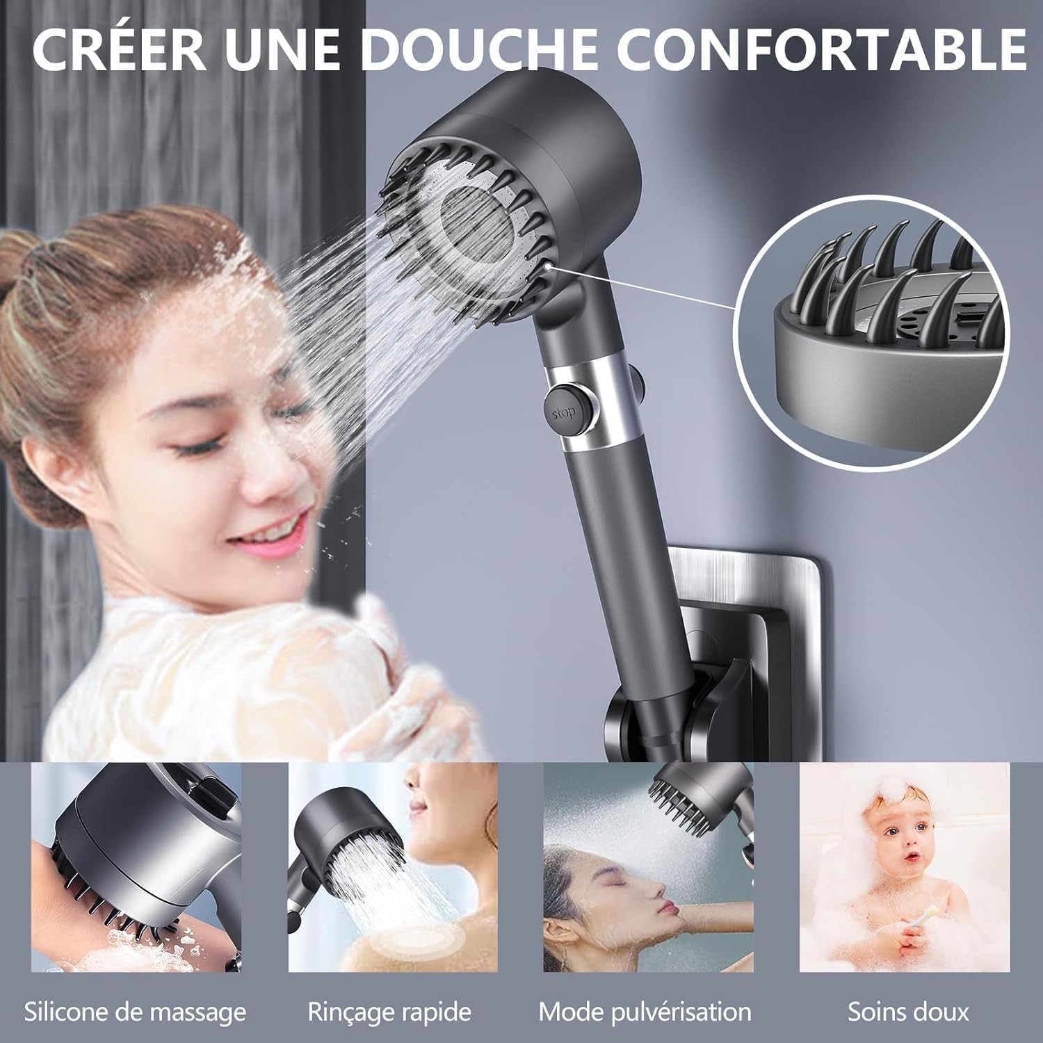 Pommeau de douche haute pression anticalcaire avec flexible de 1,5 m et support de douche, 4 types de jets, gris - 4