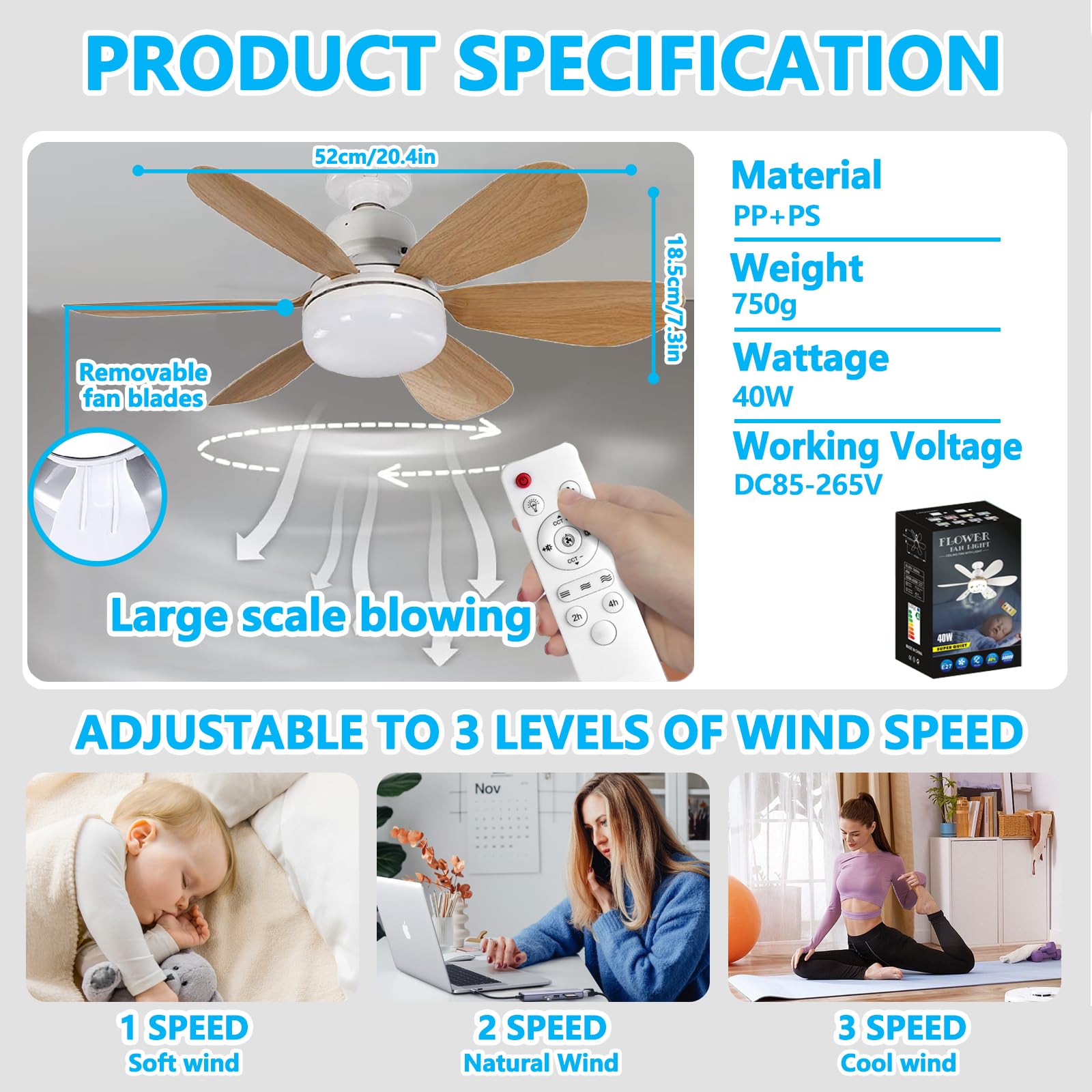 Ventilateur de plafond 2 pièces avec source lumineuse et télécommande, 3000K-6500K, trois vitesses de vent, minuterie, avec culot E27,40W,52cm(marron) - 3