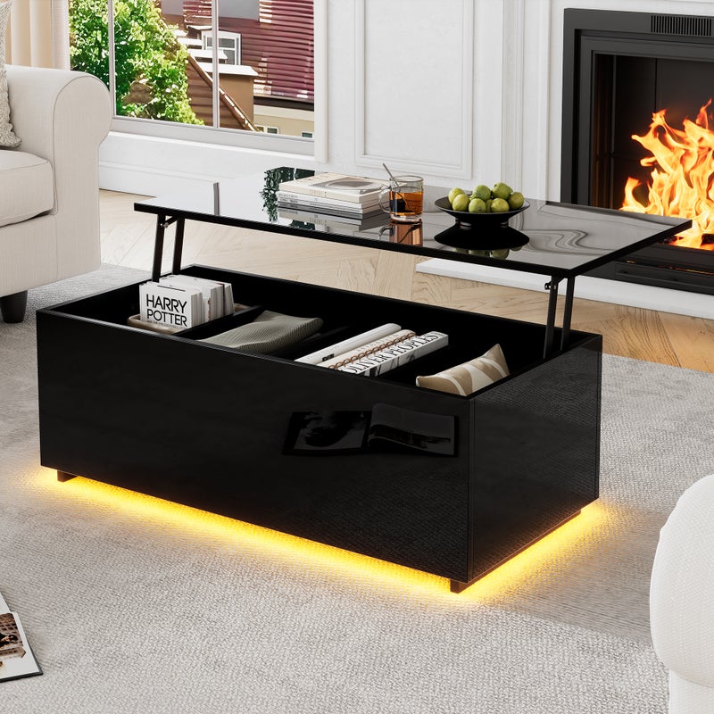 Podnoszony stolik kawowy - 100 x 50 x 35 cm - Diody LED - Płyta wiórowa - Czarny połysk