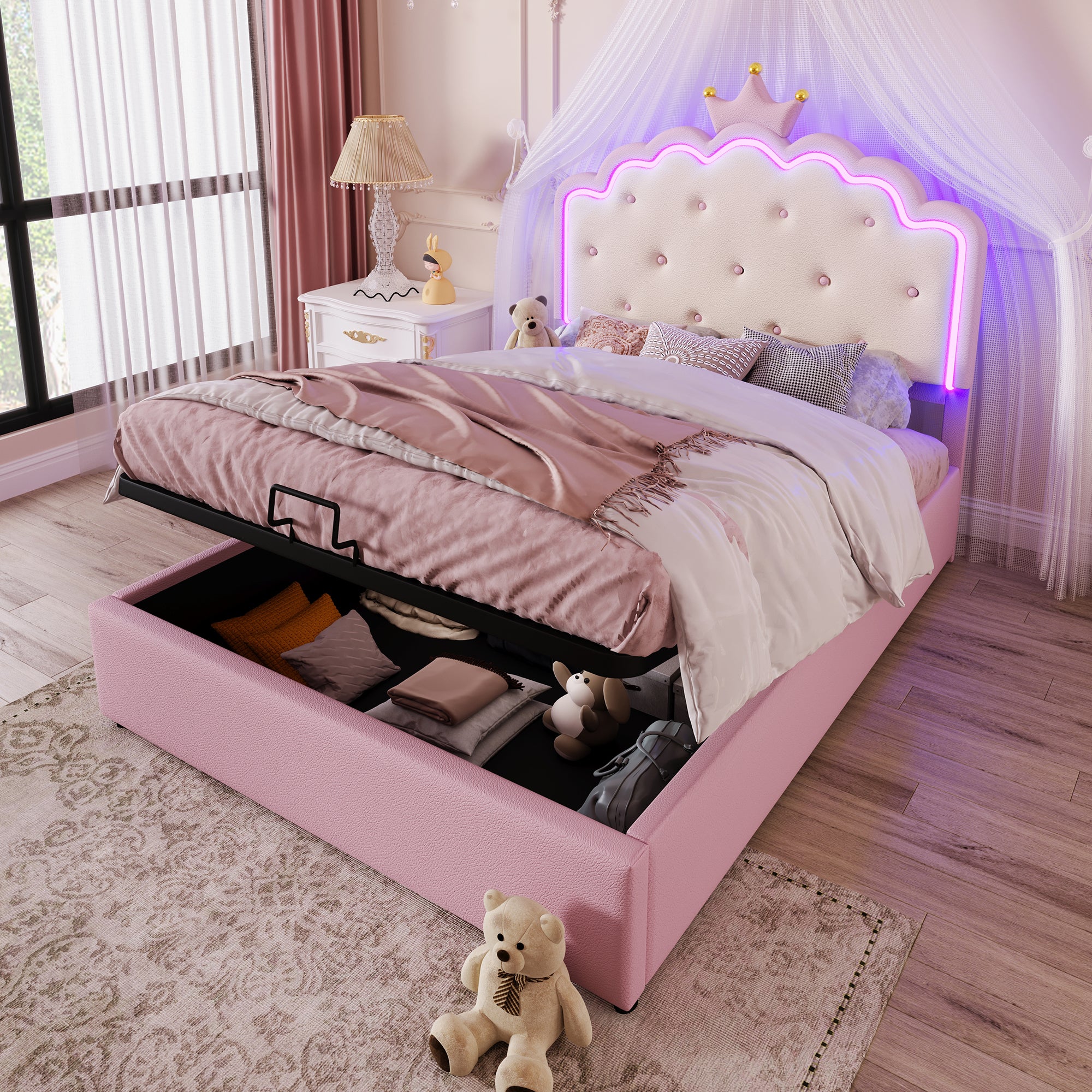 Lit Princess 140x200 cm - Sprzedawany z poduszką - Materiał PU różowy - Schowek z hydraulicznym systemem