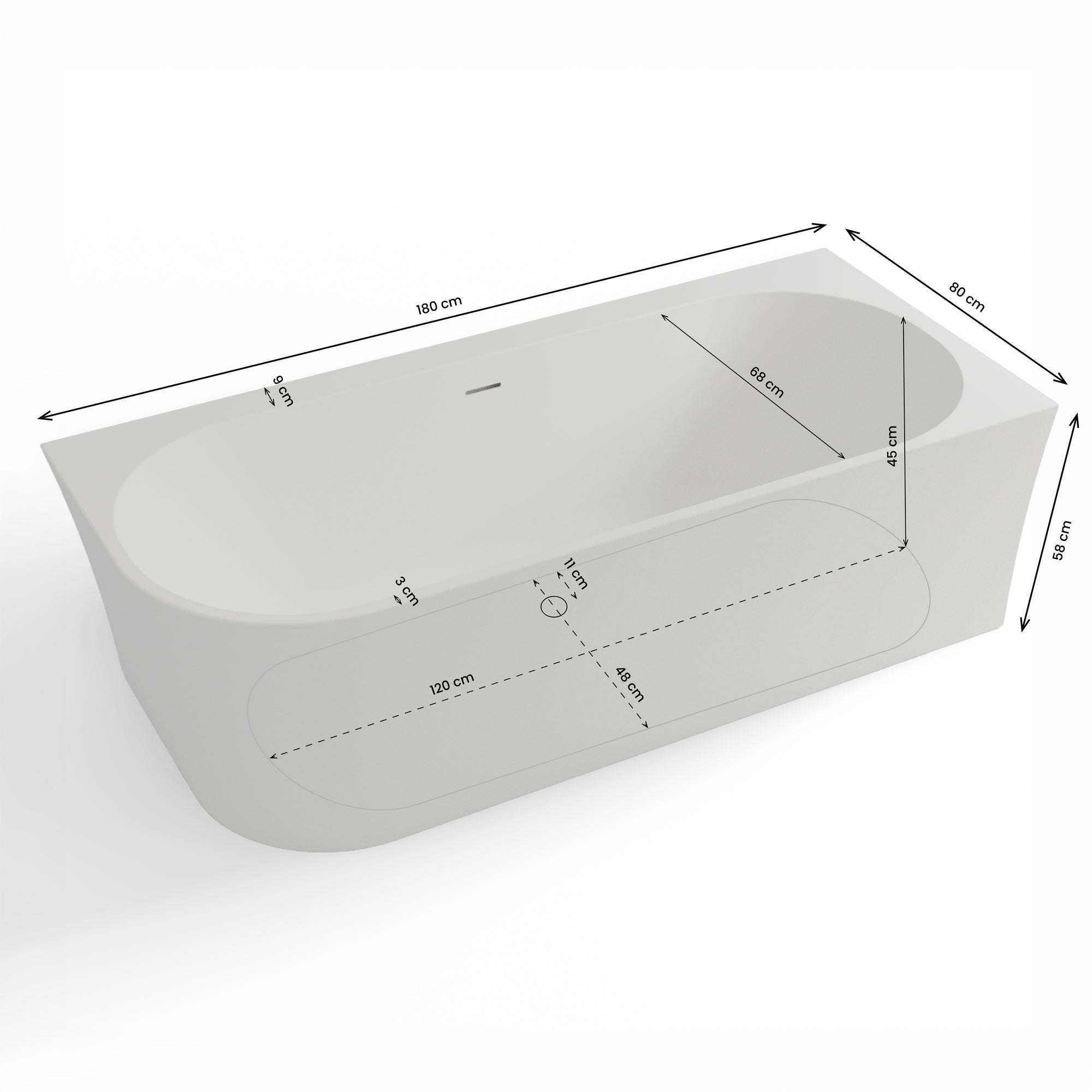 Baignoire Ilot Cosmic 180 droite blanche 180 x80 x58 cm, by SPALINA - 4