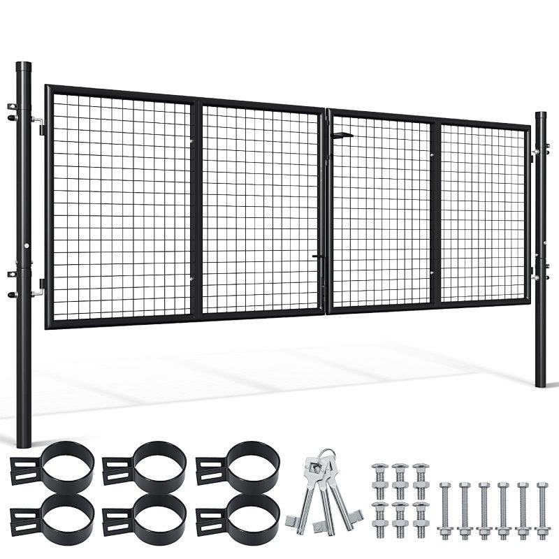 Metalowa furtka ogrodowa 300 x 100 cm – podwójna skrzydłowa furtka z siatką – z zamkiem, uchwytem i blokadą podłogową – antracytowa Okrągły słupek