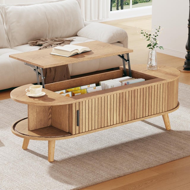 Table basse relevable - 120x50x39.5-53.5cm - rangement dissimulé - 5 étagères - bois
