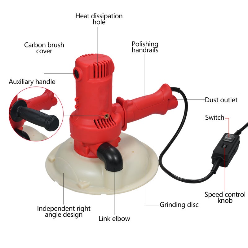 Ponceuse murale portable 950 W avec 12 disques de ponçage, 6 vitesses variables (1000-3500 tr/min) pour cloisons sèches - 8