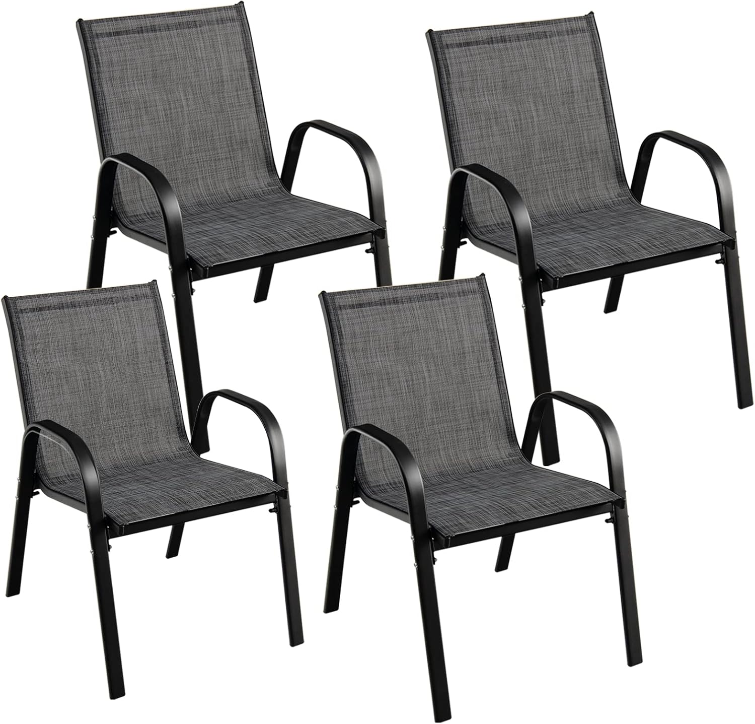 Lot de 4 Chaises de Jardin Extérieur Métal et Textilène, Fauteuil de Jardin Empilable avec Accoudoirs et Dossier, 56x70x84cm, Charge 150kg, Gris - 3