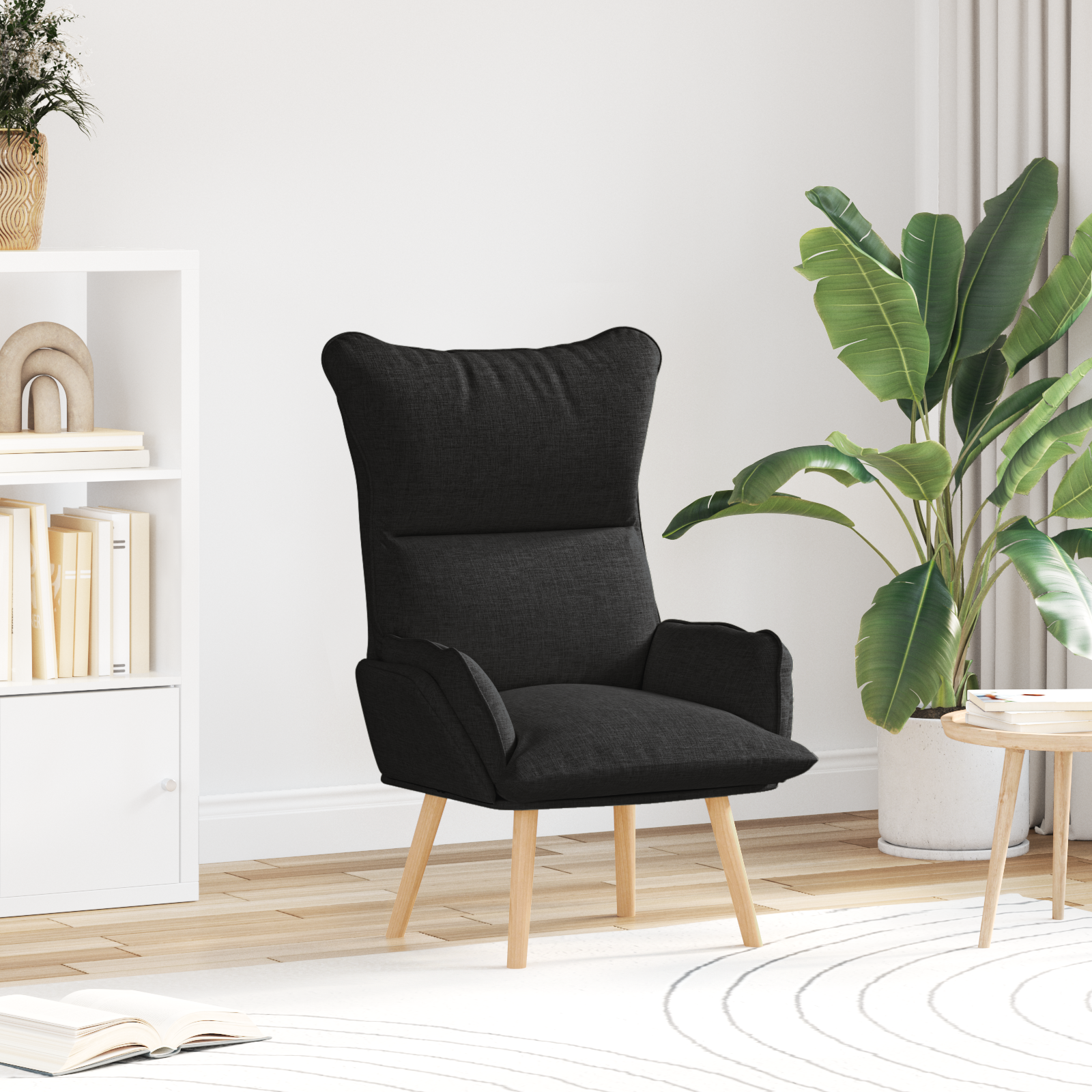 Chaise Relaxation VidaXL - Tissu Noir, Accoudoirs, Pieds En Bois, Confort Optimal Pour Salon