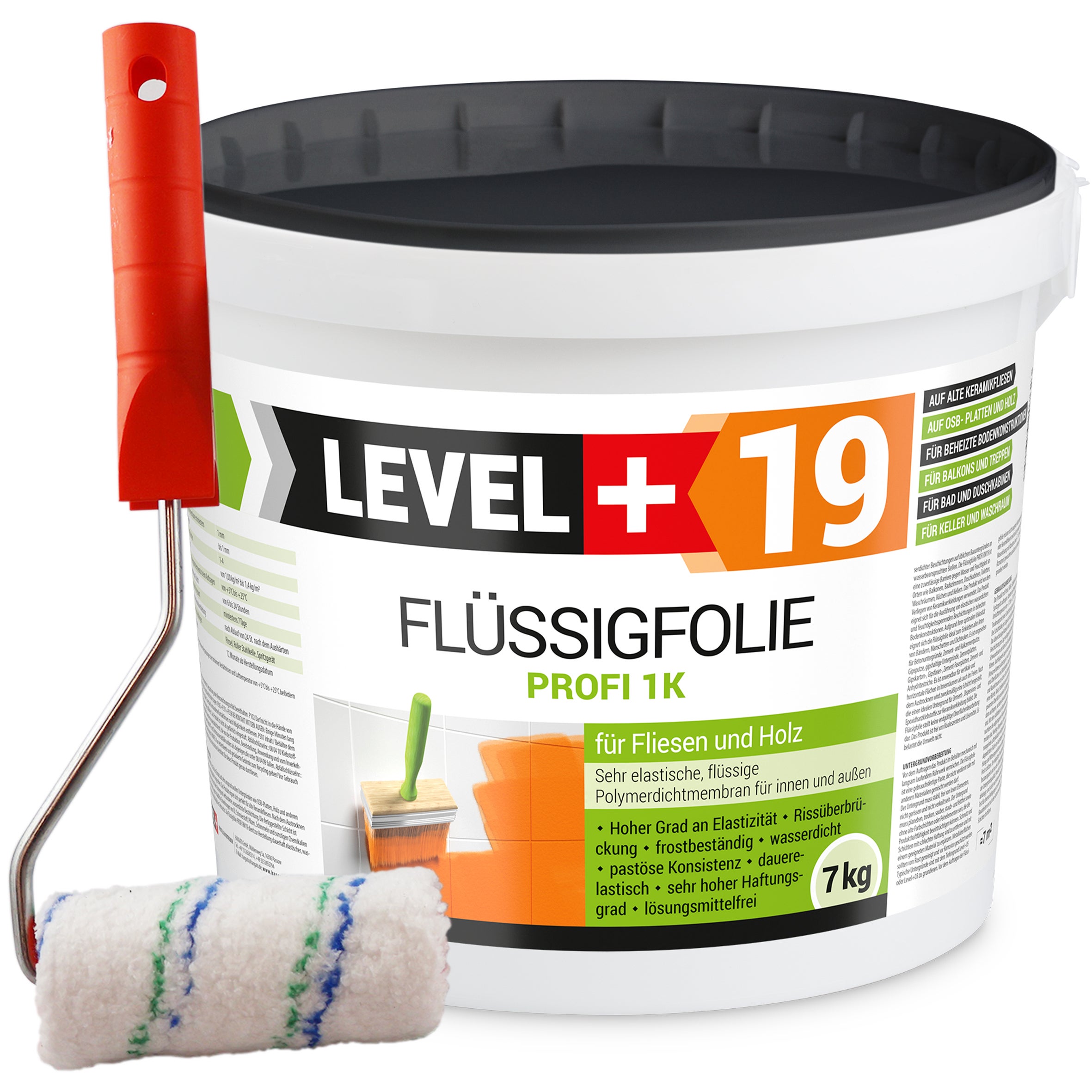 LEVEL+ Folia w Płynie Zewnętrzna FLÜSSIGFOLIE PROFI 1K L+19 - 7KG + Wałek Malarski 10cm