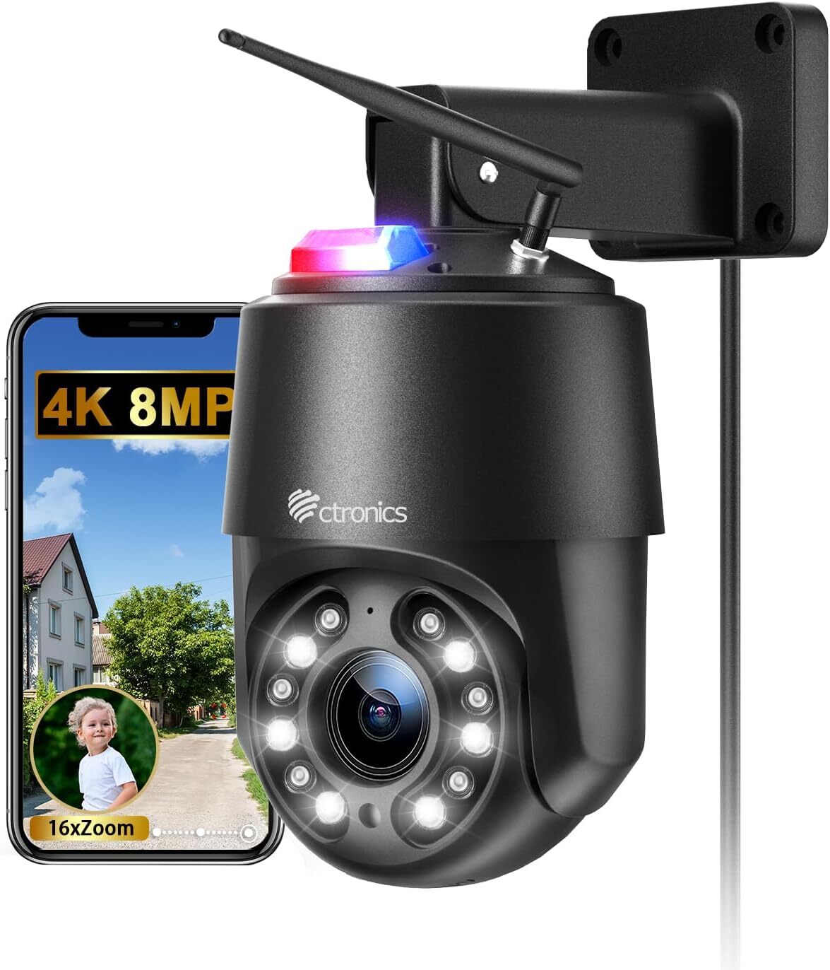 Ctronics 4K Kamera Monitoringu 16X Zoom Optyczny, Automatyczne Przesuwanie/Śledzenie/Zoom,Wykrywanie Ludzi/Pojazdów/Zwierząt, Wizja Nocna do 60m