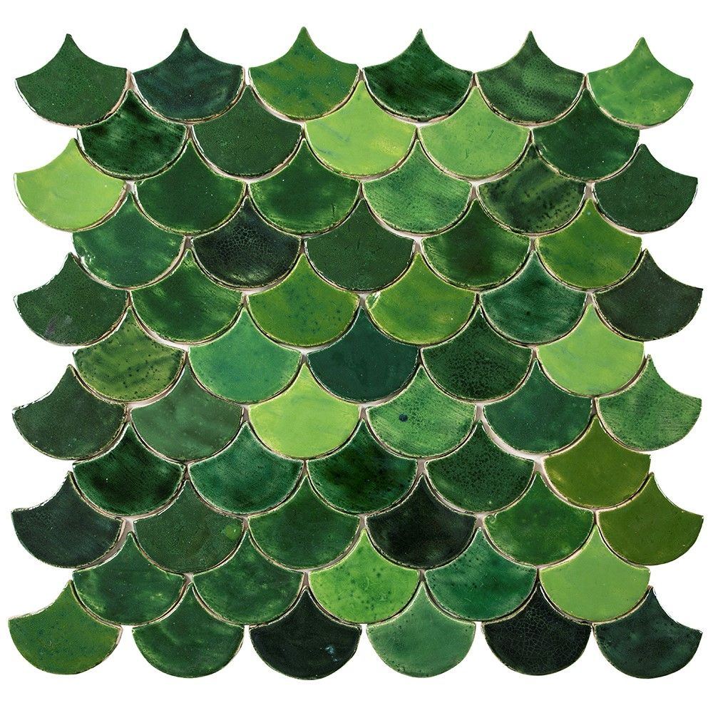 Azulejos de escamas de pez verde y verde oscuro 'forest glade' 0,3 m²/paquete, 49 azulejos 10,2×9 cm - baño, cocina, salón