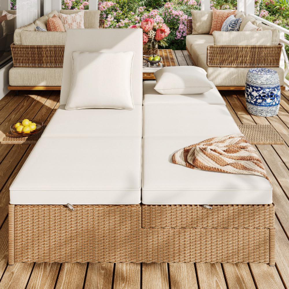 Espreguiçadeira dupla para exterior em rattan, sofá de rattan, móveis de jardim dobráveis, com almofadas, resistente ao clima, branco - 4