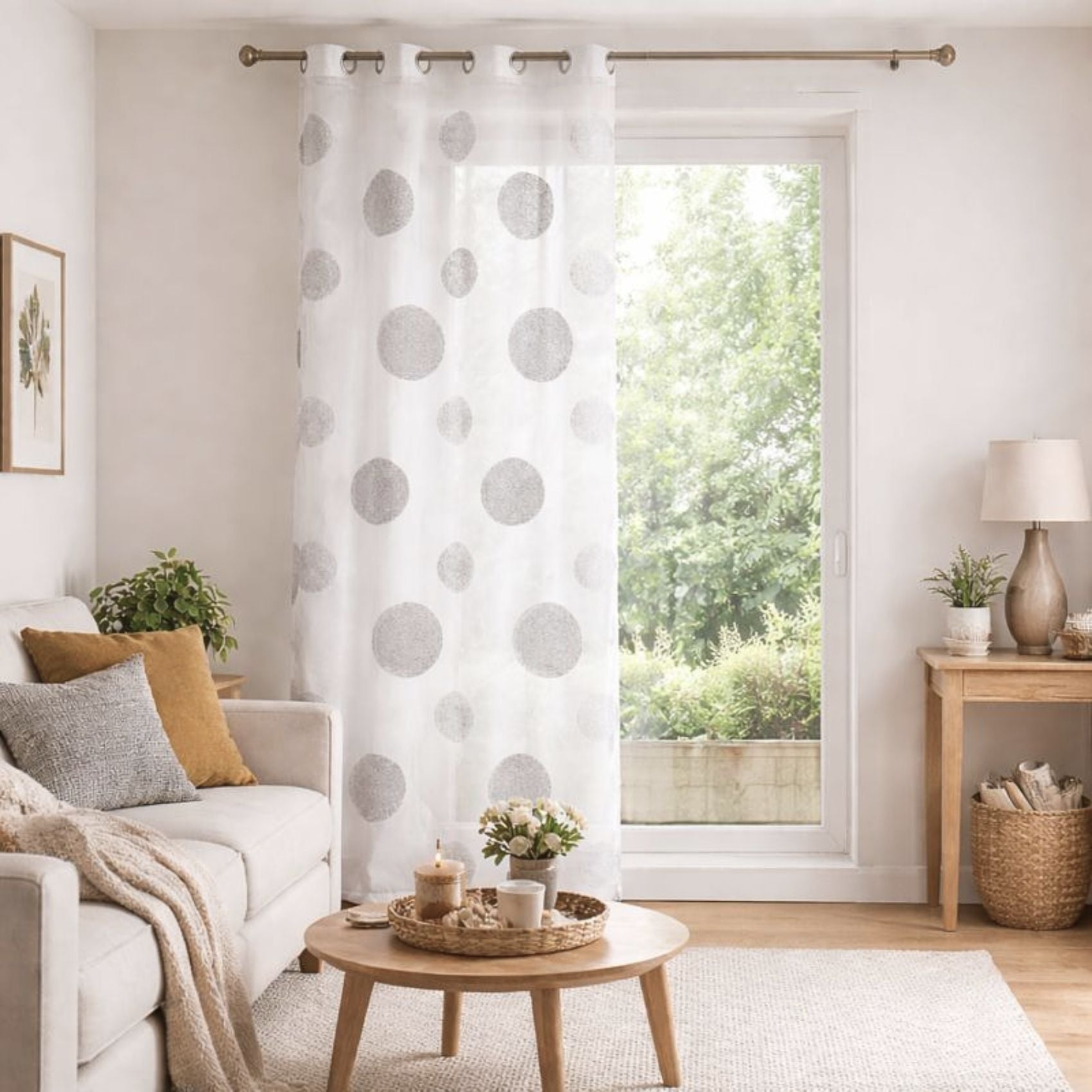 Duo PANNEAU RIDEAU VOILAGE blanc-cassé motifs ton sur ton barre pour plomber