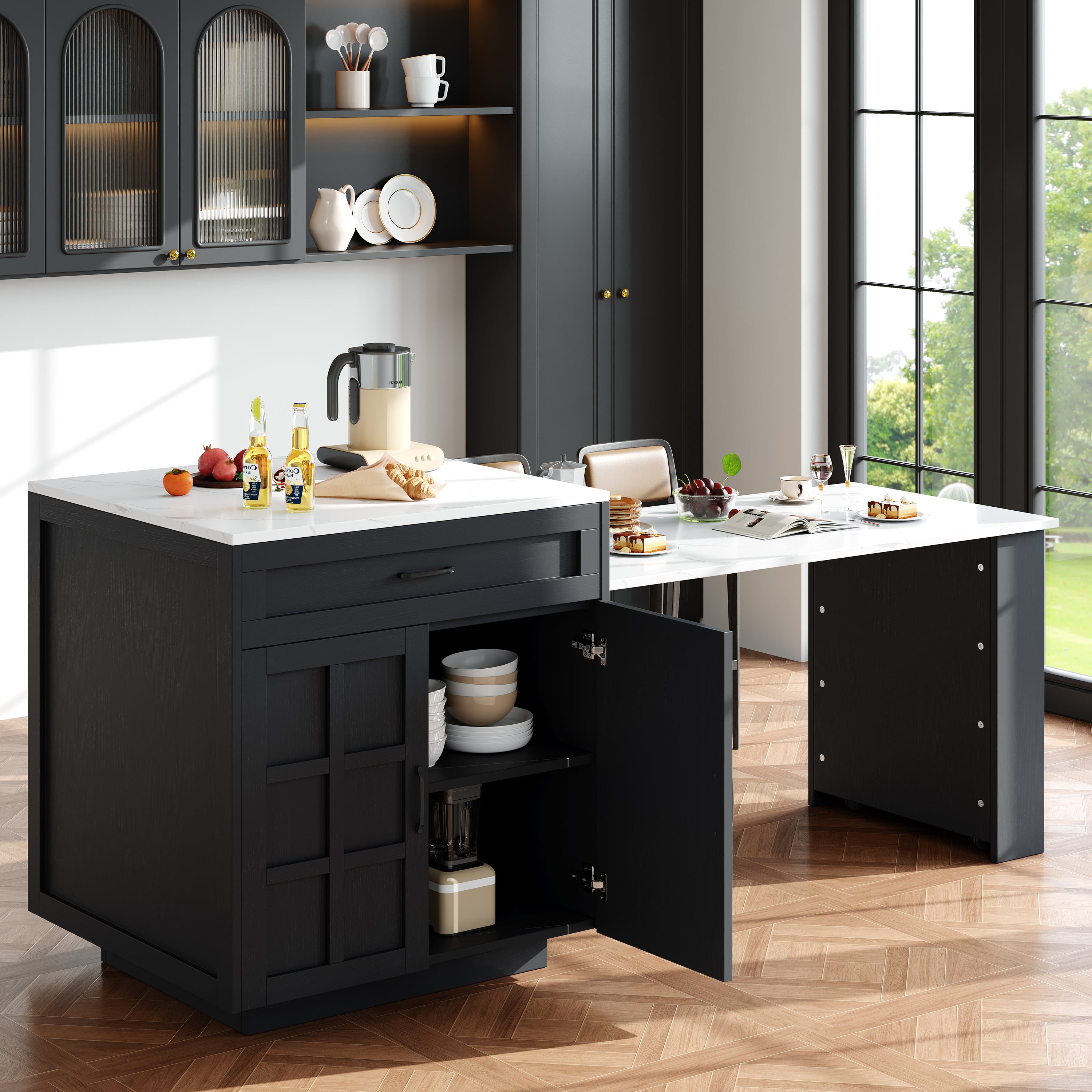 Wyspa kuchenna ze stołem jadalnym dla 4-6 osób - 2 szuflady, 2 drzwi i półki - 133/202 x 70 x 93,5 cm - MDF - Czarny - 3