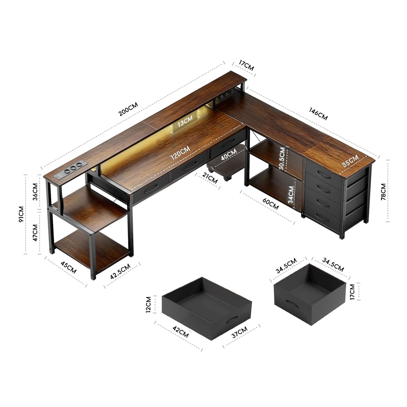 Bureau Gaming L-Shape 148cm avec LED, 3 Prises AC, 2 Ports USB, Tiroirs et Rangement - 3
