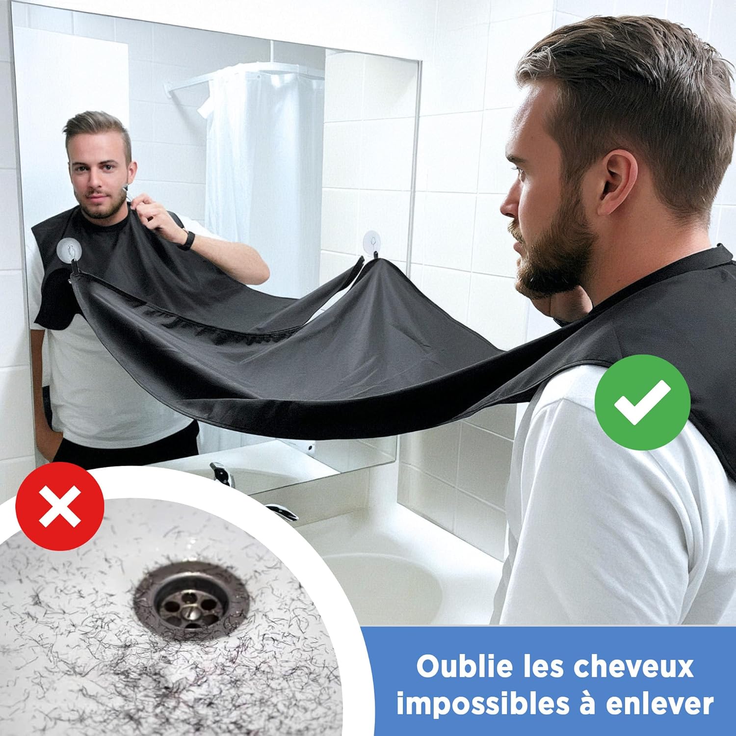 Cape de rasage homme - Bavoir à barbe - Accessoire idéal pour couper la barbe ou se raser - Avec 2 ventouses et sac de rangement - Cadeau Noël et fête - 2