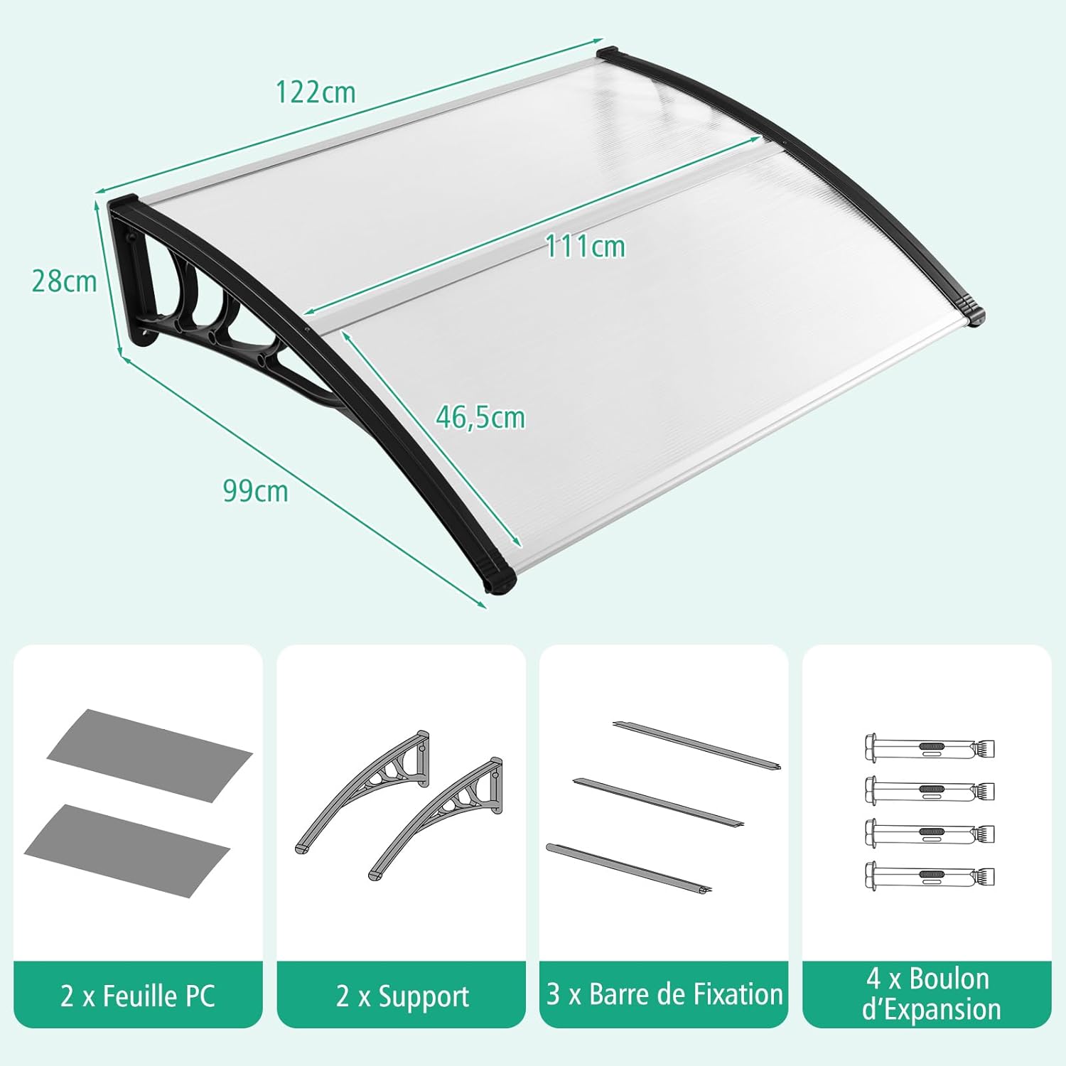 122 x 99 cm Toldo para porta de entrada Proteção solar, Toldo para porta e janela exterior Placa de policarbonato (preto) - 5