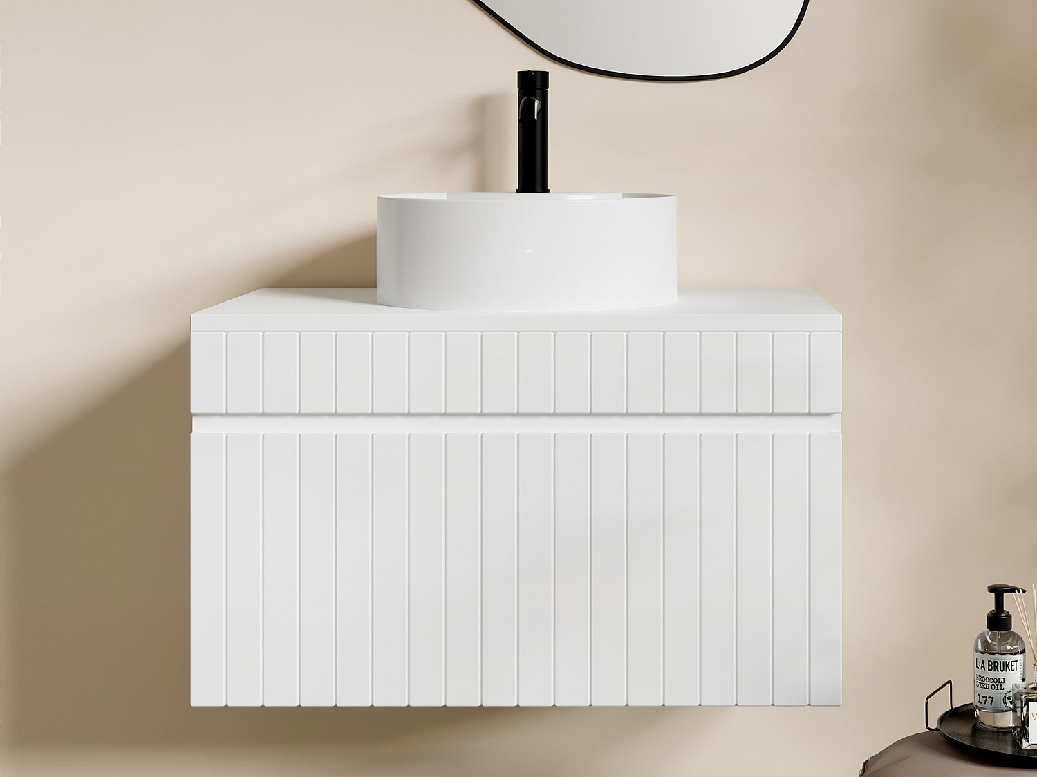 Szafka łazienkowa wisząca ryflowana biała z okrągłą umywalką nablatową - 80 cm - SATARA