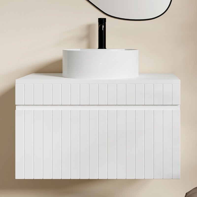 Szafka łazienkowa wisząca ryflowana biała z okrągłą umywalką nablatową - 80 cm - SATARA