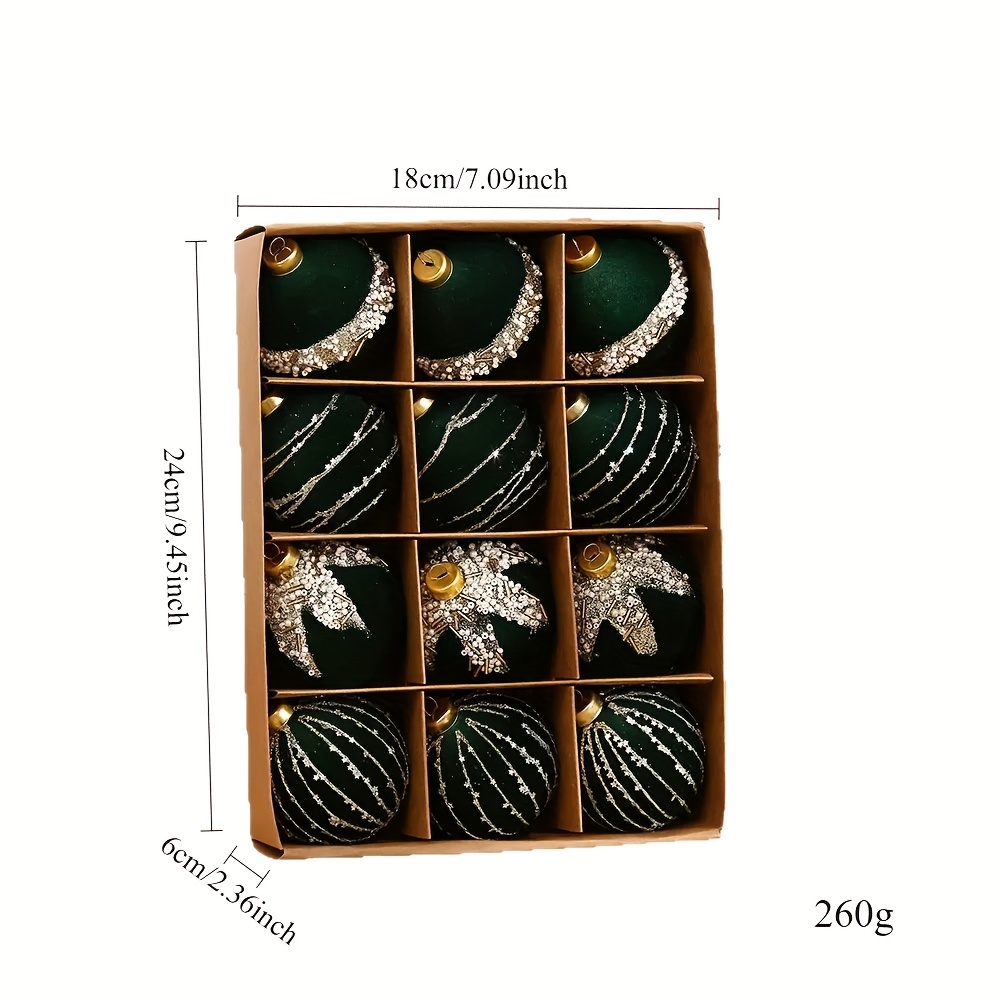 Conjunto de 12 bolas de Natal verdes,bolas flocadas para pendurar em árvores de Natal,adequadas para decoração de árvores de Natal, presentes de Natal - 8
