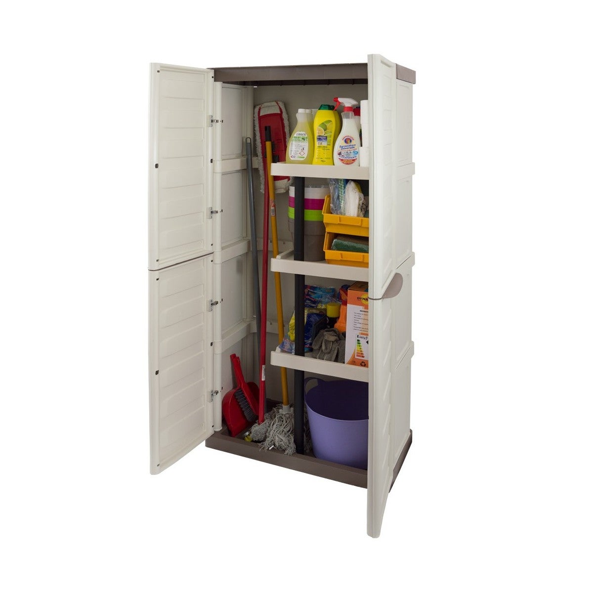 Armadio Esterno 3 Ante In Plastica - Grigio/Nero, Con Ripiani Regolabili E Portascope, Resistente Alle Intemperie - Foto 4