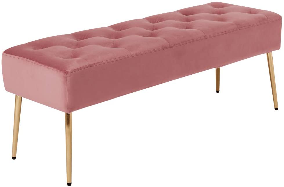 Banqueta tapizada tapizada en tela de terciopelo rosa con patas de metal dorado ban09010