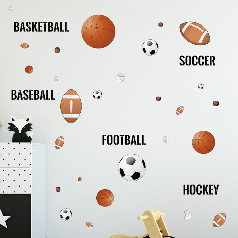 Naklejki ścienne z piłkami sportowymi.Naklejki ścienne z piłkami do koszykówki i piłki nożnej.Naklejki ścienne z piłkami baseballowymi i hokejowymi.