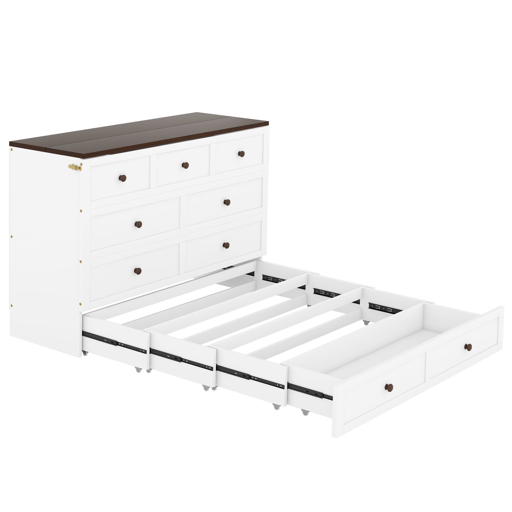 Lit escamotable 140 x 200 cm avec 2 tiroirs et étagère en tête de lit - Bois de pin et MDF - Prise USB - Blanc - 9