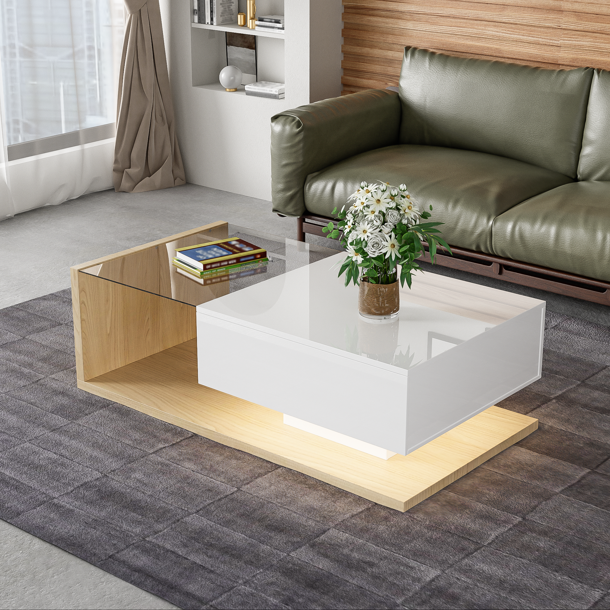 Couchtisch - Holztöne i biały lustrzany - 105x55x32,5cm - szuflada - LED - szkło - 3