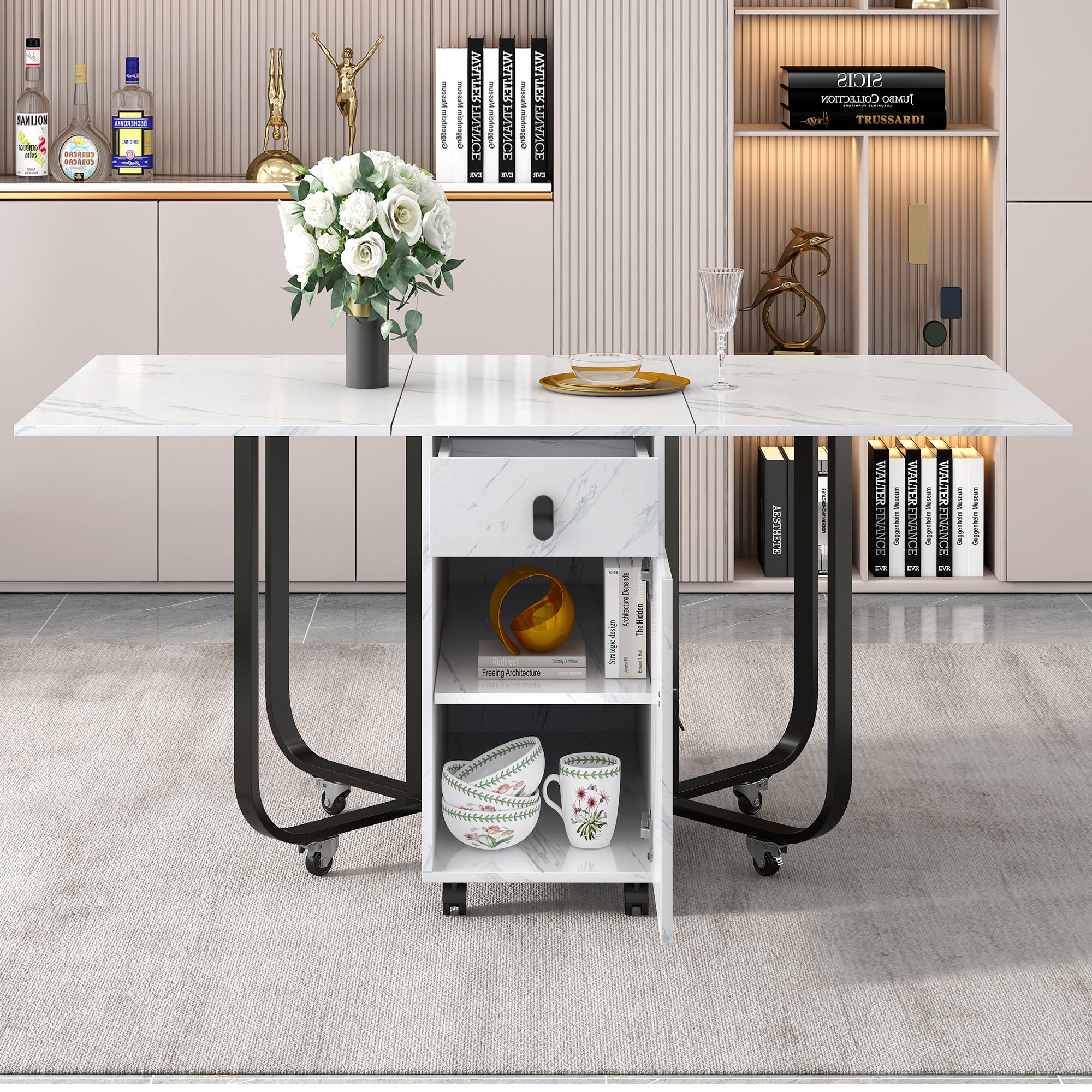 Table de salle à manger rabattable 150x80x76 cm avec 2 tiroirs, armoire, rangements, en MDF, couleur blanche et noire - 2