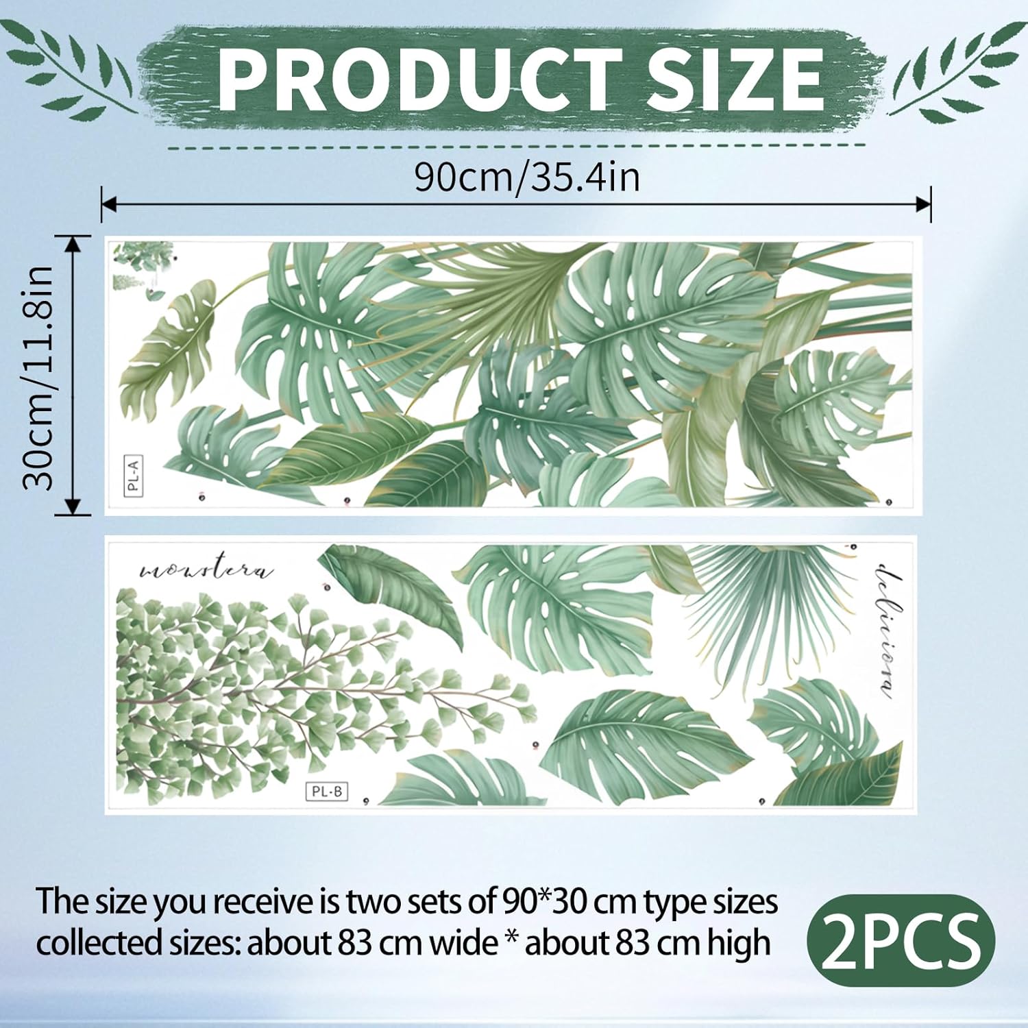 Adesivi murali a 2 foglie, adesivi murali con piante verdi tropicali, adesivi decorativi per corridoi, soggiorni - 2