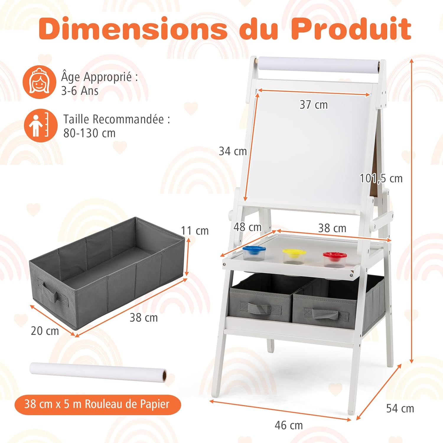 3 en 1 Chevalet d'Art Enfant avec Tableau Noir & Blanc Magnétique, Tableau Enfant Double Face avec Rouleau de Papier & 2 Bacs en Tissu (Blanc) - 3