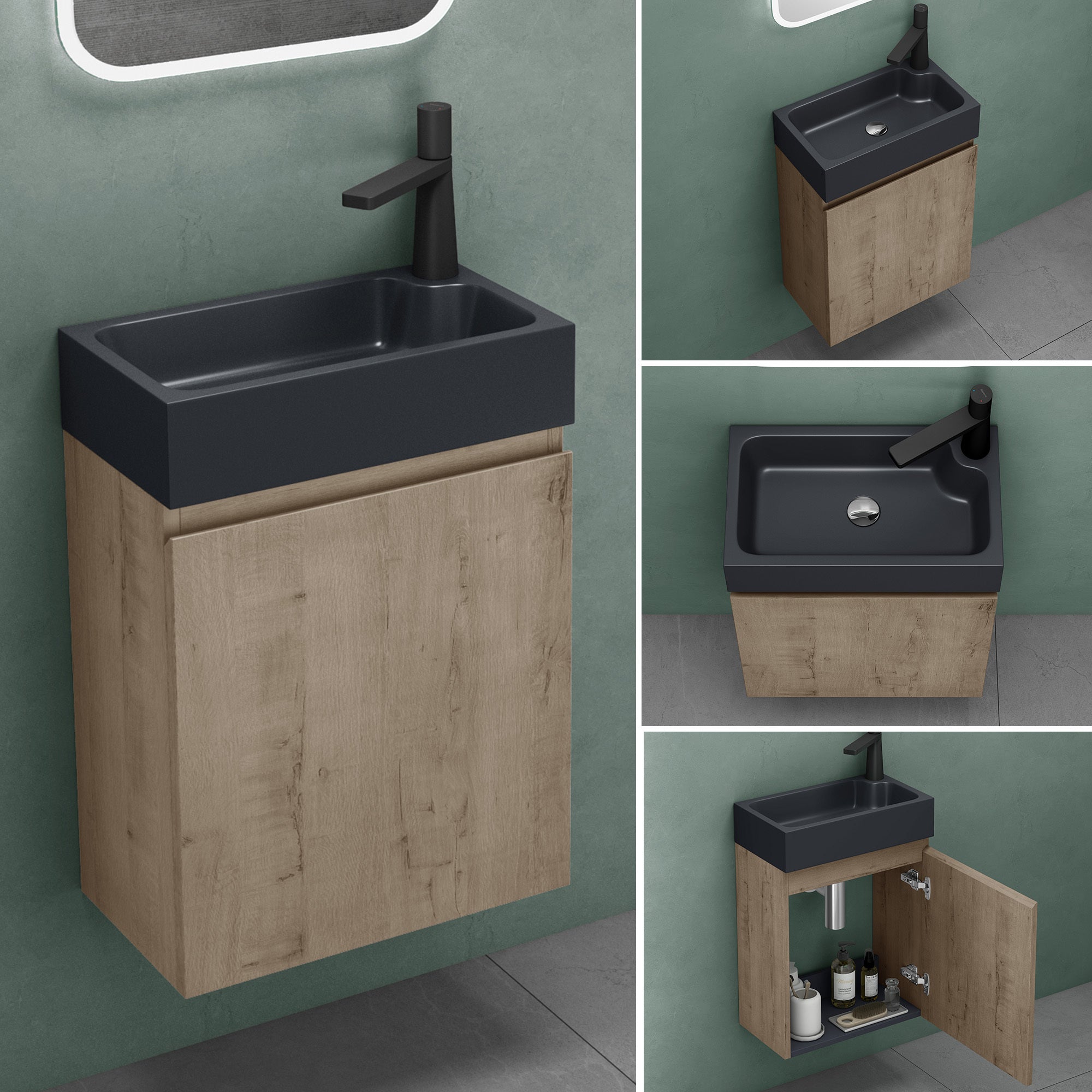Mai & Mai Meuble Sous-Lavabo Suspendu Chêne Clair + Vasque Anthracite Mat 46x26x63 Cm – Salle De Bain Moderne PS02