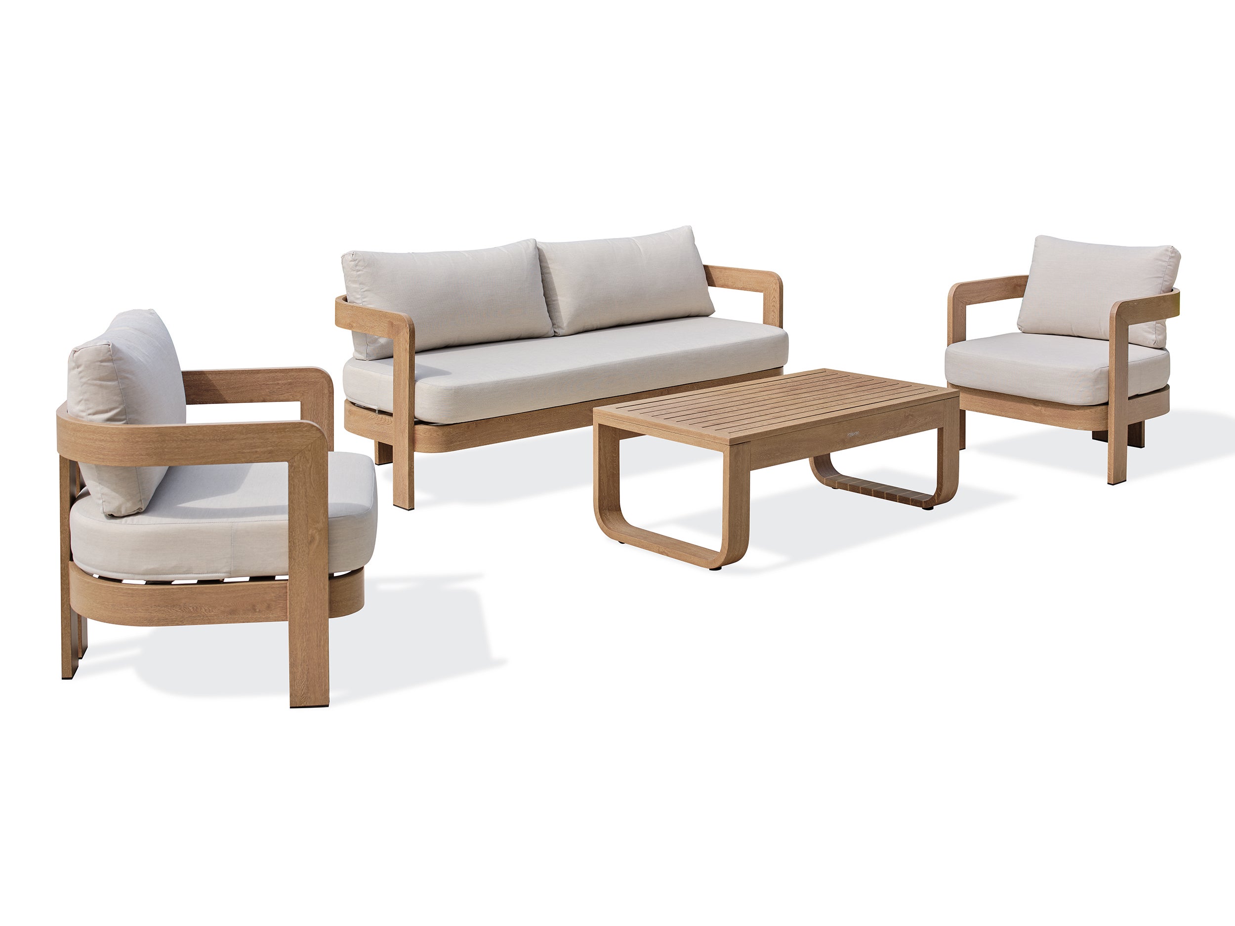 Salon bas de jardin 5 pl en aluminium imitation bois, coussins écrus