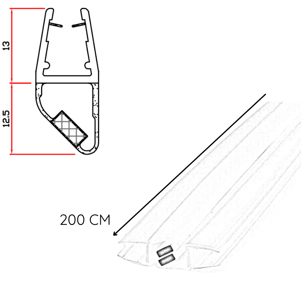 Guarnizione Magnetica Per Box Doccia 200 Cm - Per Vetri Spessore 4 E 5 Mm, Angolo 180°, Trasparente, Made In Italy