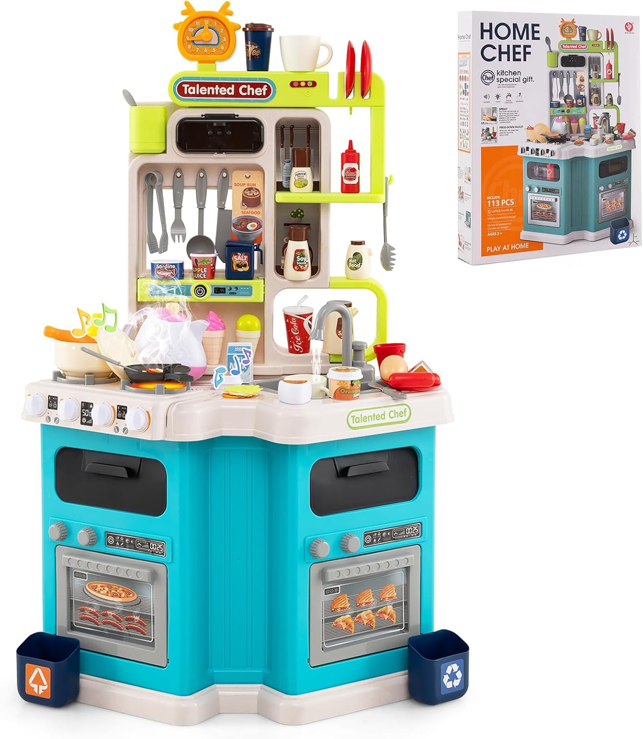 Kuchnia dla Dzieci, Zestaw z Efektami Dźwiękowymi i Świetlnymi, Realistyczna Kuchenka Parowa, Zlew z Cyrkulacją Wody, 113 Akcesoriów (Niebieski)