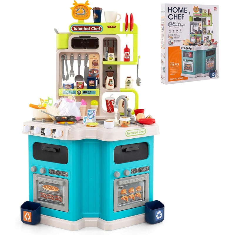 Kuchnia dla Dzieci, Zestaw z Efektami Dźwiękowymi i Świetlnymi, Realistyczna Kuchenka Parowa, Zlew z Cyrkulacją Wody, 113 Akcesoriów (Niebieski)