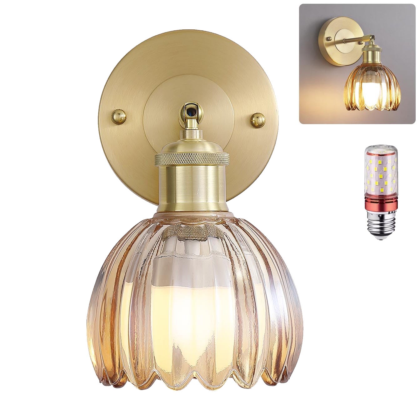 Lampa ścienna z żarówką, lampka nocna w stylu vintage, lampa ścienna do lustra łazienkowego, lampa ścienna kwiat z szklanym kloszem